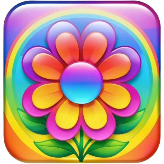 Beveled square shaped psychedelic colored button with rainbow colored flowers in the center emoji