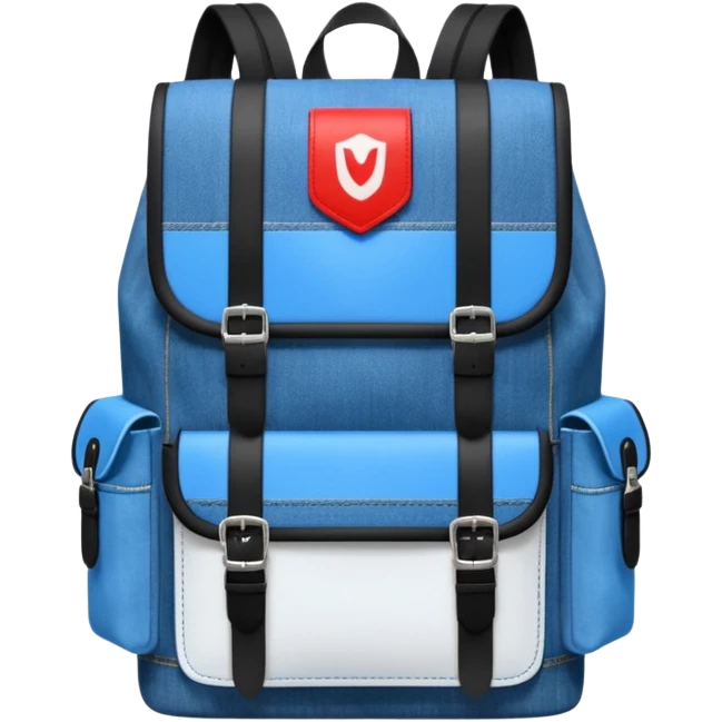 a blue denim backpack with a flap top, two vertical *black buckle straps* on the front. The backpack has two side pockets and a soft square shape. at front pocket bottom side, red and white two divided logo like tommy hilfiger 

 emoji