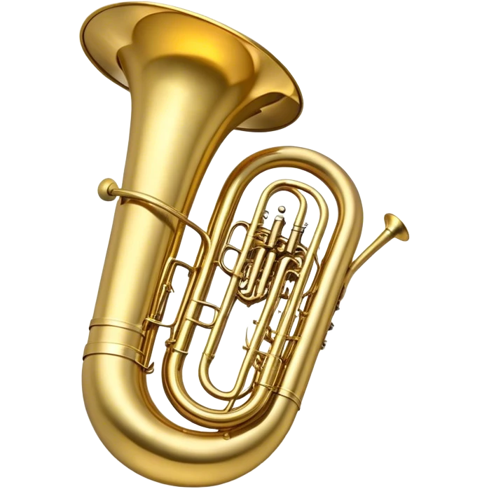 Create a large and bold emoji representing a tuba. The design should feature the tuba’s iconic, large, curved brass body, with its wide bell and tubing wrapping around. Highlight the visible valves and their metal buttons, showcasing the characteristic structure of the instrument. The brass finish should be shiny, with golden tones and subtle reflective light effects to highlight its polished surface. Add soft musical notes or soundwaves emanating from the bell to evoke the deep, resonant sound of the tuba. The background should be transparent. emoji