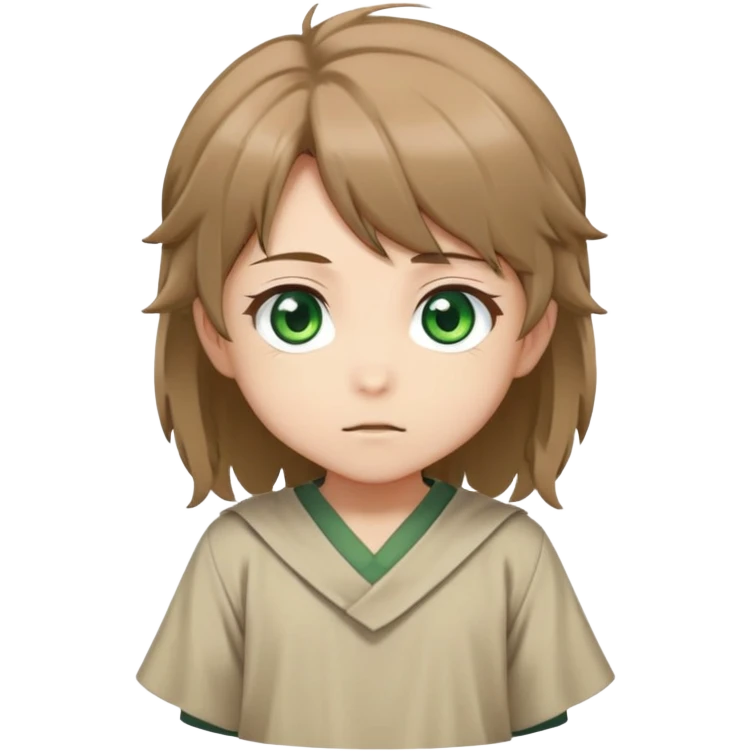 Young Rudeus Greyrat chibi, big green eyes, round face, messy light brown hair, wearing a tunic, cute and curious anime style emoji