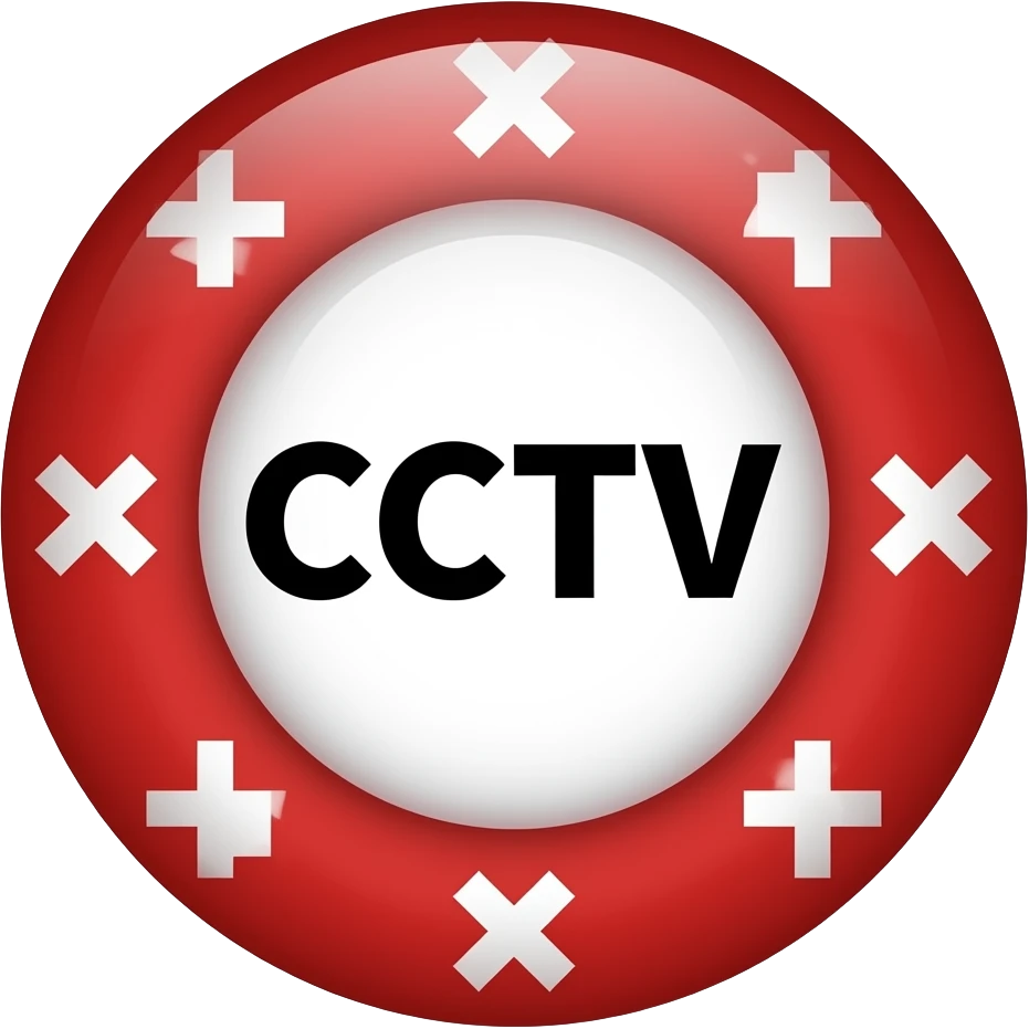 Red filled circle with white X and arrow on all end points on the X white circle in the middle. Big bold CCTV word in the centre in black emoji