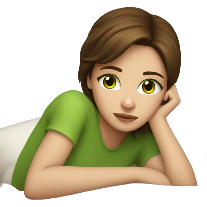 Girl with brown hair and green eyes laying on a pillow  emoji