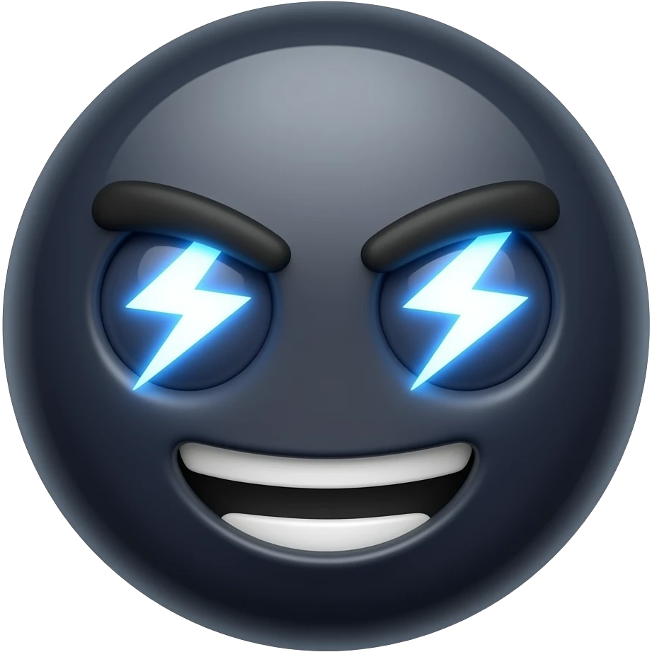 A custom emoji representing a confident, creative and energetic personality, cool smirk expression, glowing eyes, subtle lightning effects, modern 3D emoji style, smooth glossy texture, clean dark background, vibrant highlights, minimal but powerful design, Apple emoji style, ultra high resolution emoji