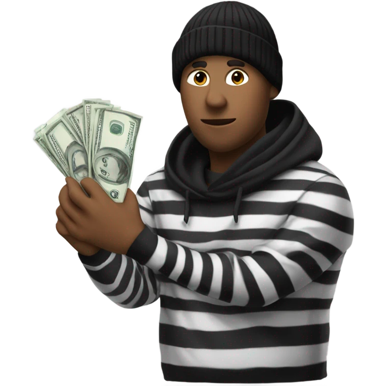 Robber with a striped black and white shirt with a black beanie and a money bag emoji