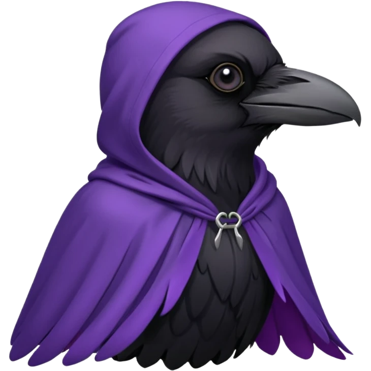 black realistic raven wearing a purple hooded cloak emoji