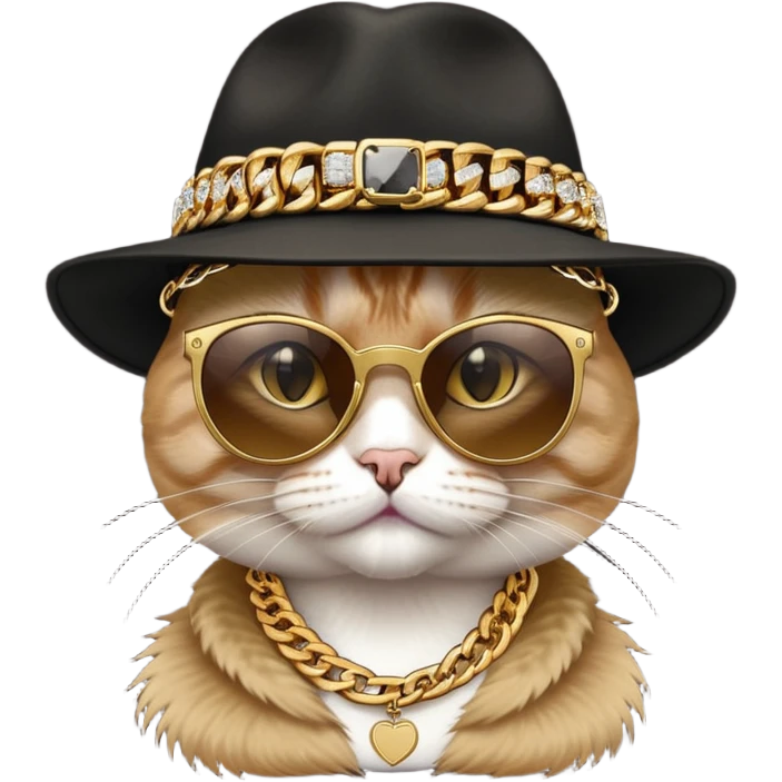 female cat head and shoulders wearing Run DMC hip-hop outfit, fedora, dark sunglasses, many gold chains, bling accessories emoji