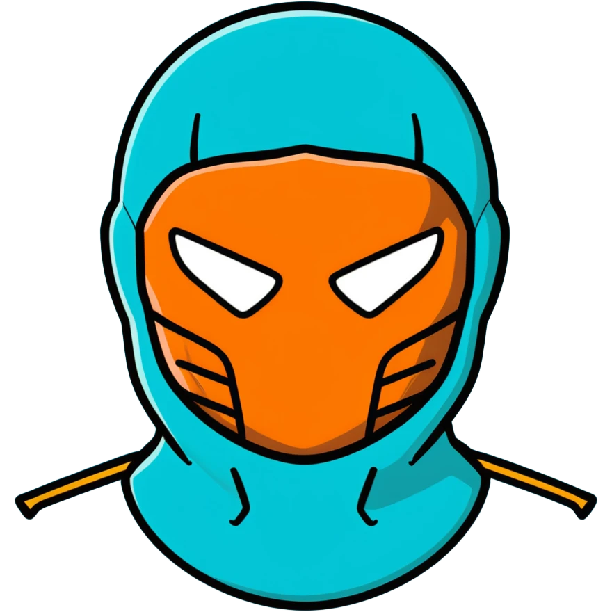 teal and orange ski mask with menacing face emoji