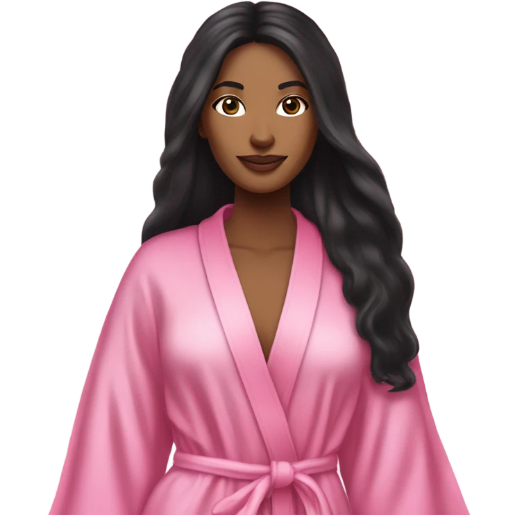 Mixed raced woman with long black hair wearing a silk pink Victoria’s Secret robe emoji