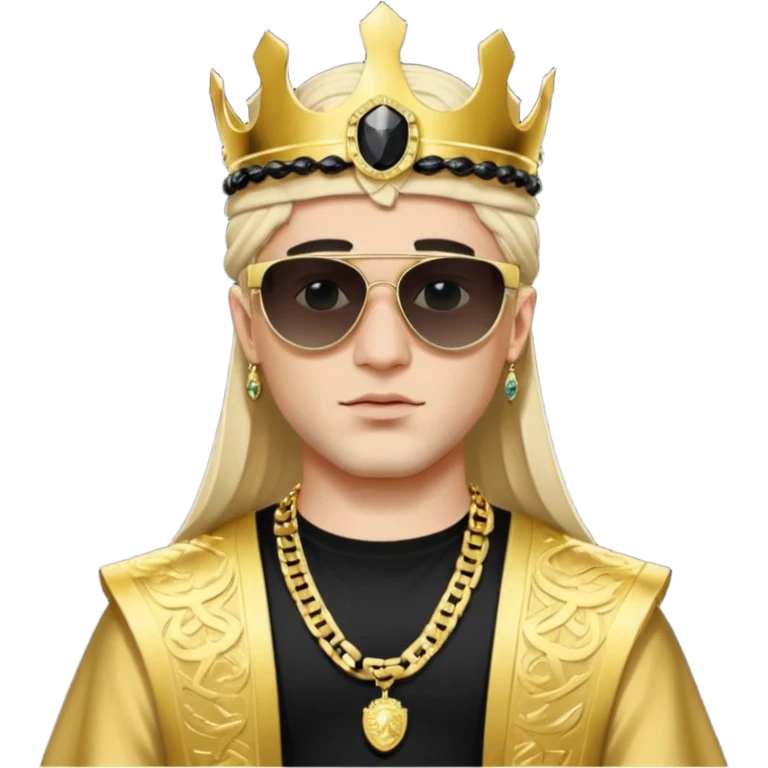 un principe blanco con una corona de rolex con unos lentes Versace máscara todos negro grandes de after con cadenas de oros y una camisa negra y una broma árabe de la cabeza emoji