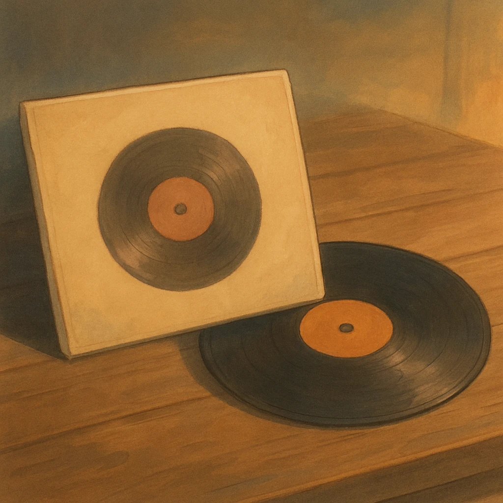 vinyl record with disc, ghibli style, soft colors, warm atmosphere emoji