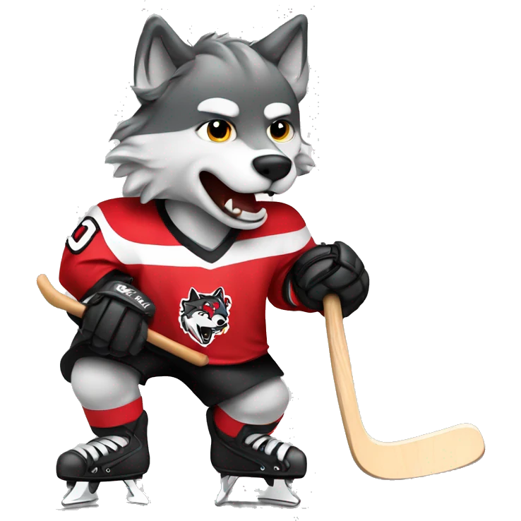 A wolf in a red black and white hockey uniform with a wolf emblem is playing hockey emoji