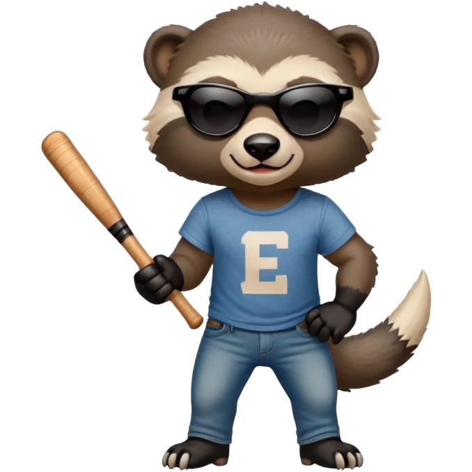 mischievous anthropomorphised honey badger in jeans and a t-shirt, wearing sunglasses, holding a baseball bat emoji