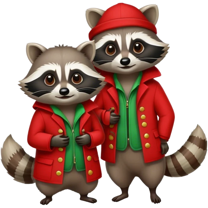 One raccoon wearing red and one raccoon wearing green emoji