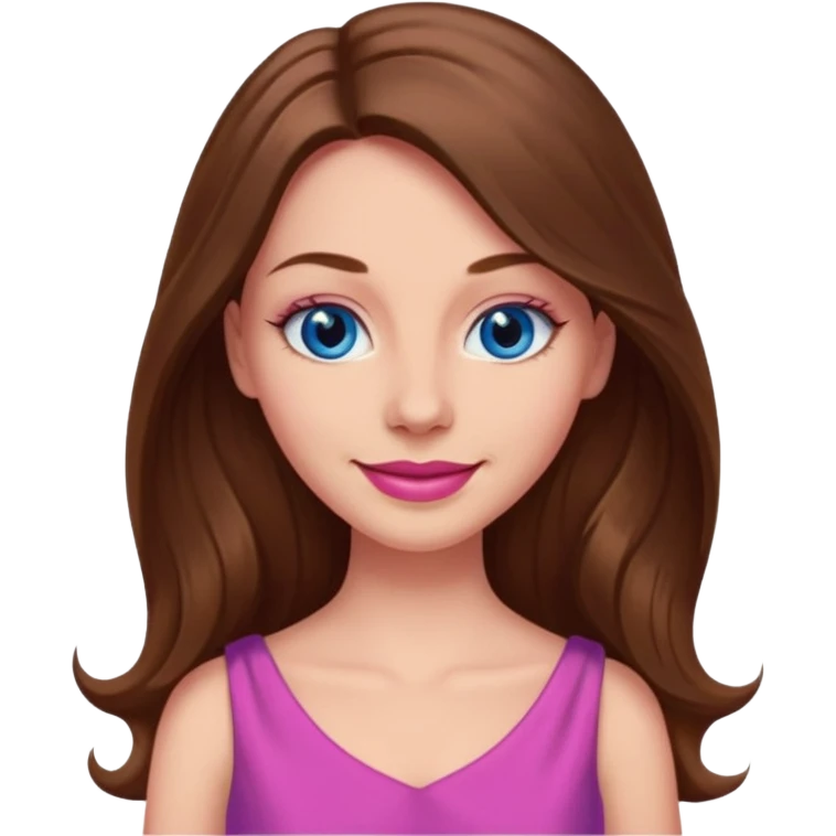 A woman has beige skin, long brown hair, blue eyes, plumb lips, she wears pink dress  emoji