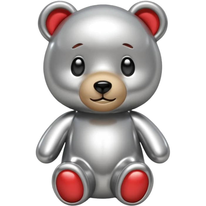 A cute teddy bear emoji made of liquid silver chrome, smooth rounded body, glossy metallic surface, soft reflections, friendly proportions, iOS emoji style, centered, clean white background emoji