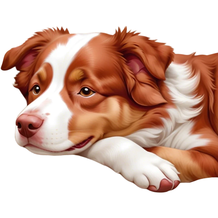 Cinematic Meme-Worthy Chubby Sleeping Red and White Merle Australian Shepherd Portrait Emoji, Head resting peacefully with a contented smile, showcasing a delightfully chubby build and a luxuriously soft red and white merle coat, eyes shut in a serene nap, Simplified yet hilariously adorable features, highly detailed, glowing with a soft, drowsy light, high shine, relaxed and utterly lovable, stylized with an air of playful laziness, bright and heartwarming, soft glowing outline, capturing the essence of a comically sleepy Red and White Merle Australian Shepherd, so meme-worthy it feels like it could instantly become the next viral sensation of adorable slumber! emoji