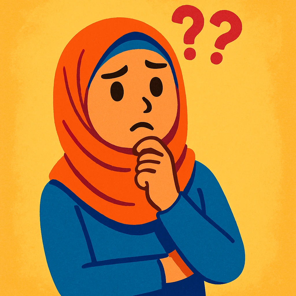 young woman in hijab, looking uncertain, with '??' above her, colorful and friendly emoji