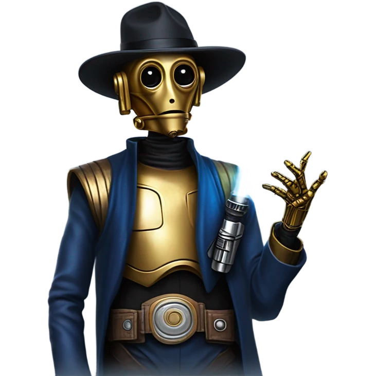 bounty hunter tarnished undercover tough well-equipped Jedi  life-sized darkblue-pearl C3po leather vest clothing pants and vest old west duster coat holding light saber sheriff emoji