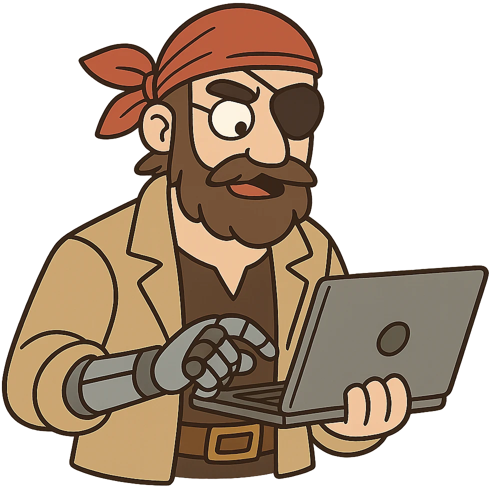 a pirate with a robotic arm, holding a laptop, wearing a bandana and eye patch, digital era pirate, cartoon style emoji