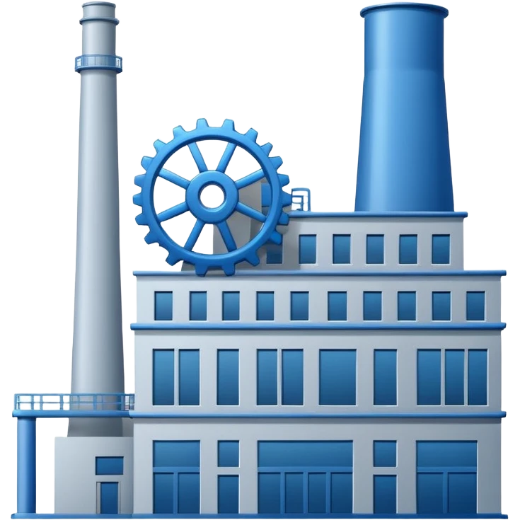 "A minimalist vector icon of a modern manufacturing factory building with a gear symbol above it. Blue and grey color scheme, flat design, white background, simple thick lines, professional business logo style." emoji