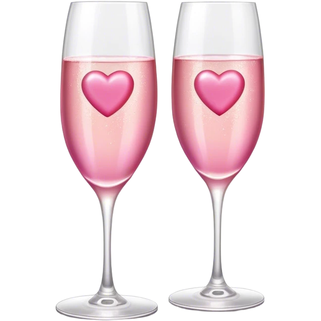 two glasses of champagne with pink heart-shaped ice cubes emoji