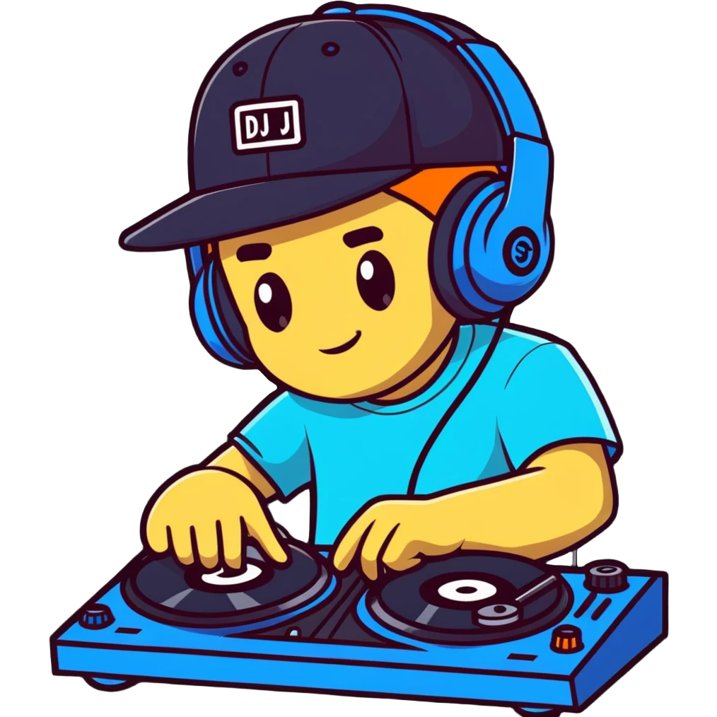 Russian rave artist DJ with cool cap performing electronic music emoji