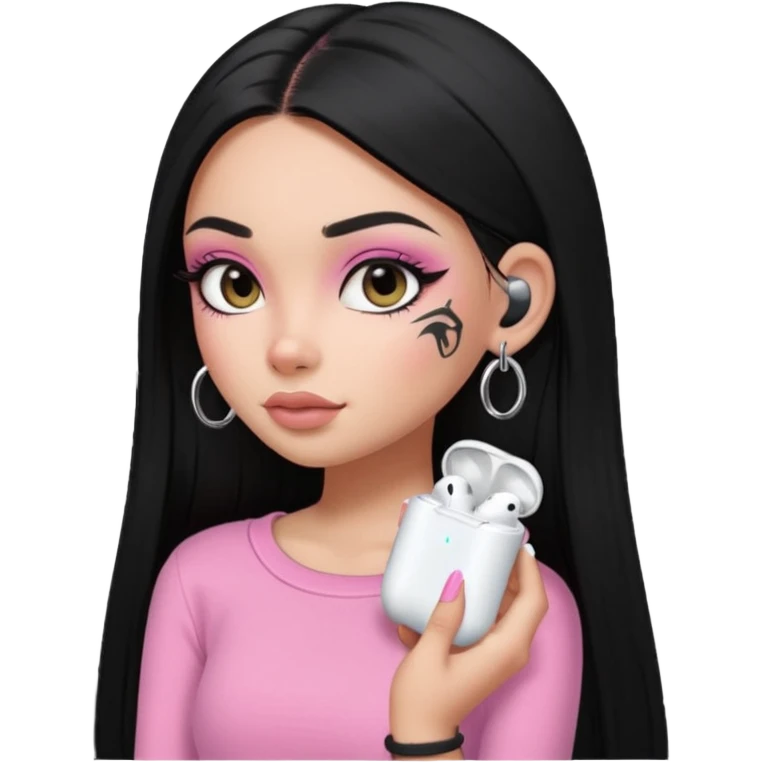 generate a pretty bratz girl with black long straight hair and airpods on, tattoo on shoulder, eyeliner on emoji