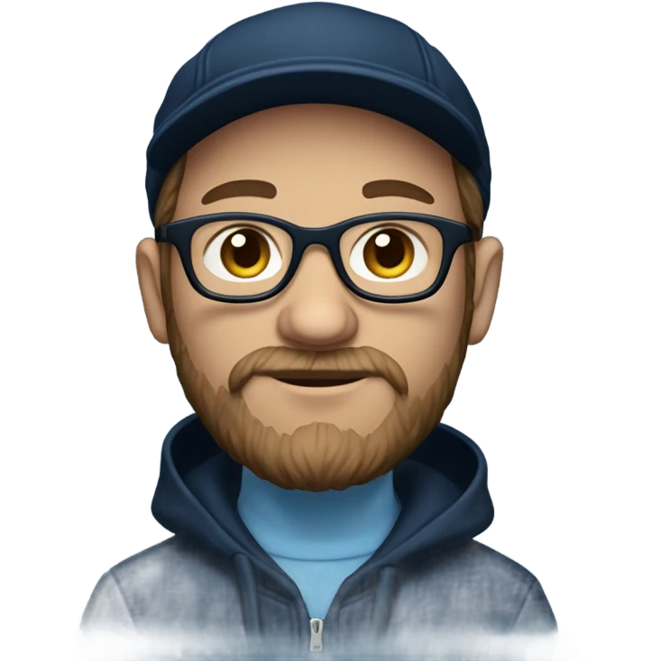a white dude with beard and sideburns and glasses wearing a black newsboy hat a navy blue hoodie with baby blue tribal on the front and arms emoji