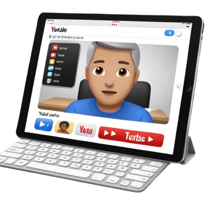 An iPad lying on a desk. On the iPad screen, a YouTube video is playing. The video shows a man talking to camera. The YouTube interface is visible with play bar and title. emoji