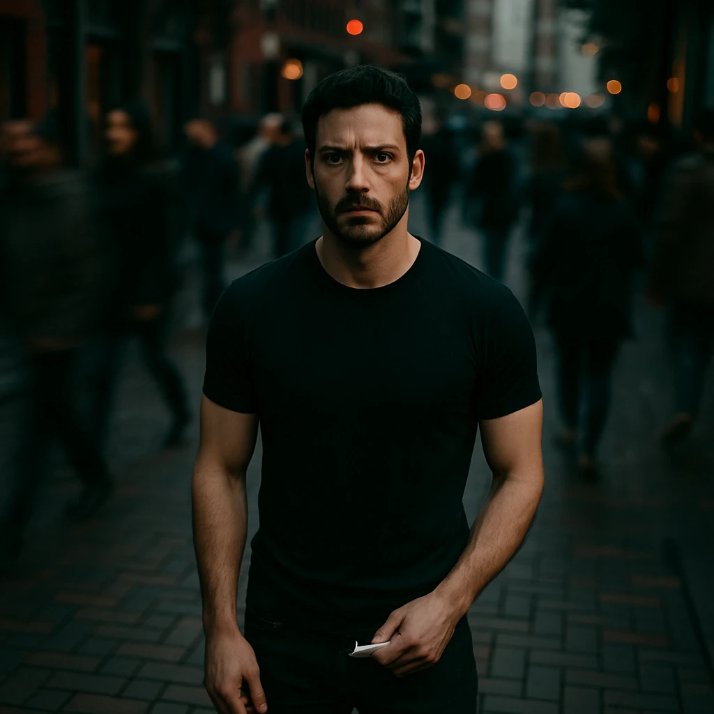 Cinematic overhead shot, no headphones, black shirt, athletic and fit subject from the reference image, standing still on a brick city sidewalk. Motion-blurred crowd, moody lighting, 35mm film look, shallow depth of field, sharp focus. Urban, cinematic. Render in a style suitable for cinematic photography with moody lighting and shallow depth of field. emoji