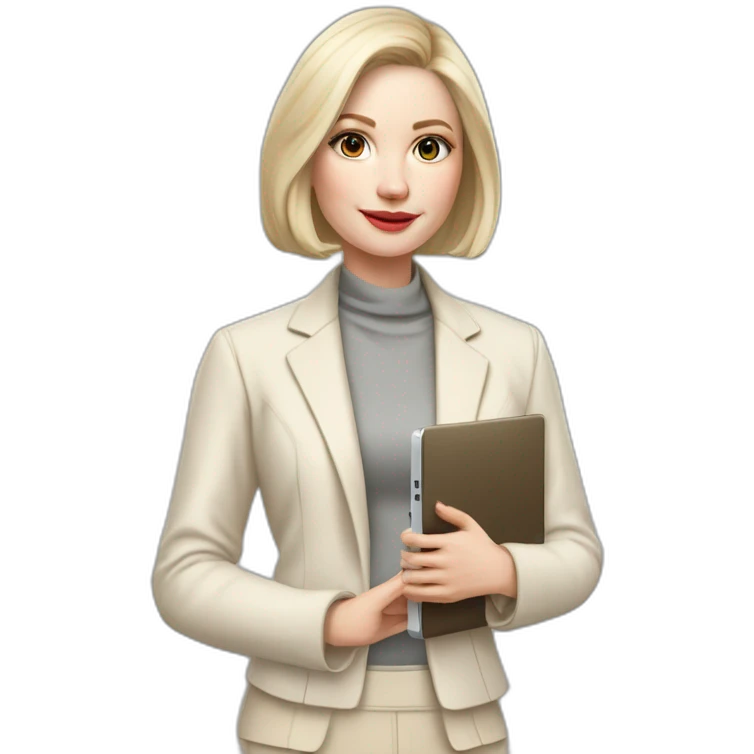 pale skin woman with ash blonde Straightened bob Hair, White Spacious classical jacket, beige palazzo Arrow pants and gray blouse holding a MacBook in the hands emoji