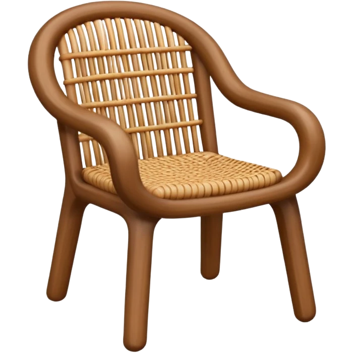 A 3D cartoon wooden chair with woven rattan seat, clean composition, bright background, Memoji-style rendering. emoji