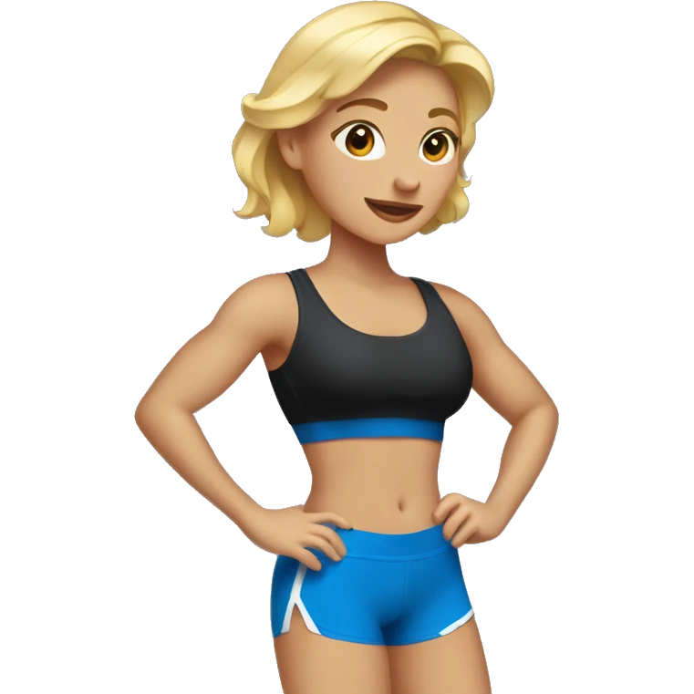 blonde woman working out with a black tank top and a blue shorts emoji