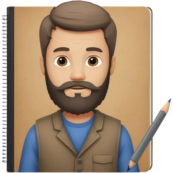 Bearded man  drawing boy character with charcoal in sketchbook emoji