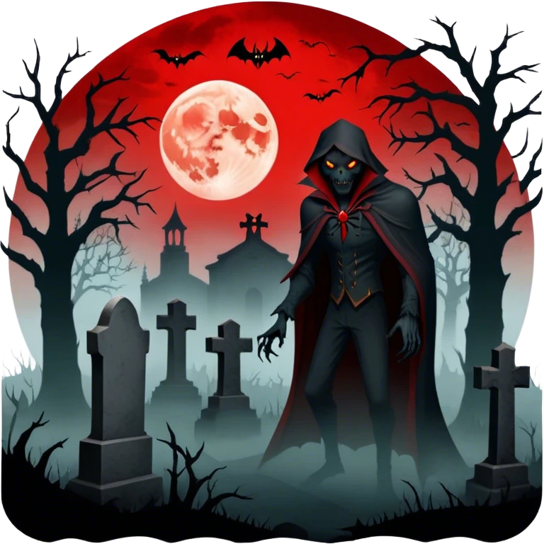 Icon for Horror Movies: A chilling collage with a monstrous werewolf or vampire, dark silhouettes, eerie graveyards, and creepy elements like spiders and tombstones. Ghostly fog surrounds, with a blood-red moon in the sky. The atmosphere is unsettling, eerie, and haunting. Transparent background. emoji
