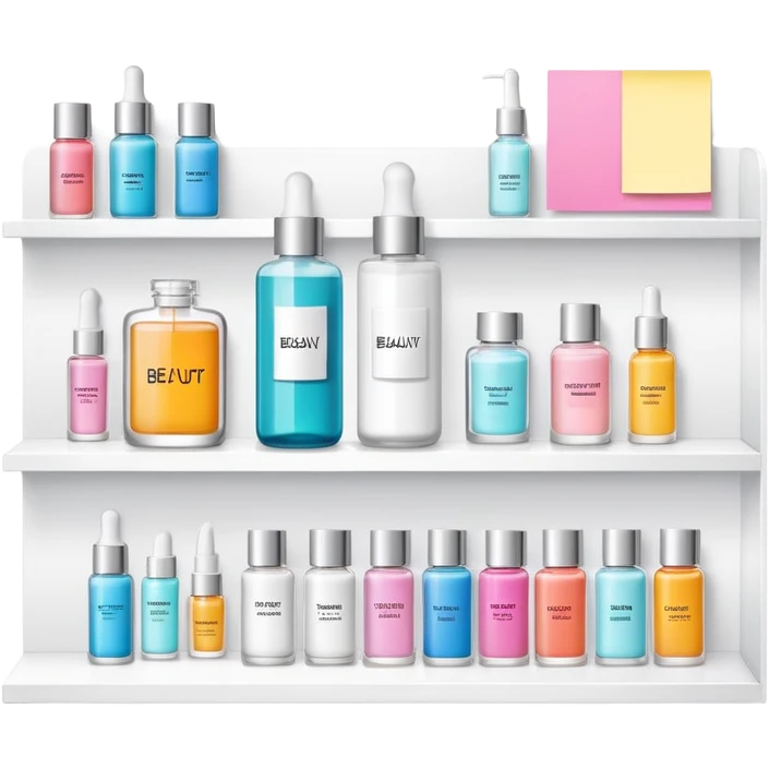 big long white shelf with one serum bottle labeled beauty brand and big sticky note next to it emoji