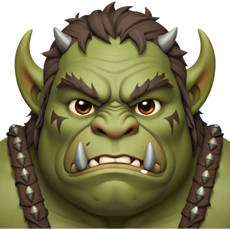 Cinematic Noble Ogre Portrait Emoji, Majestic and imposing, with a rugged, muscular form in deep earthy greens and browns, adorned with battle scars and subtle tribal markings, exuding calm, noble strength and unexpected wisdom, simplified yet strikingly detailed, glowing with a shadowy outline that captures the essence of a gentle giant with fierce heart! emoji