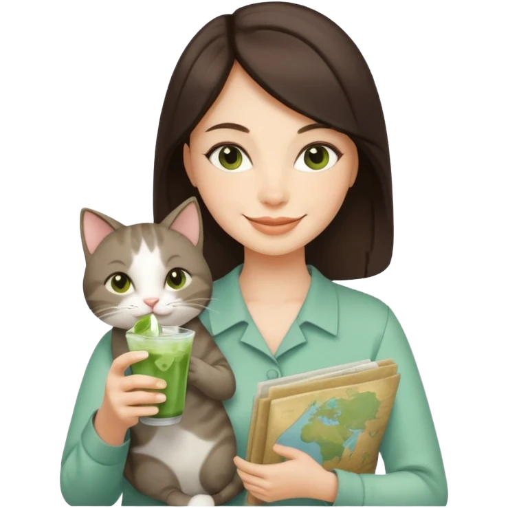 a brunette woman in here 30S drinking an iced matcha, carrying a grey cat and a map of the world emoji