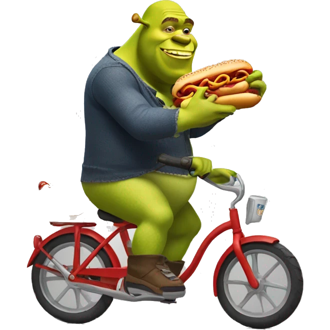 Shrek riding a bike holding a hotdog emoji