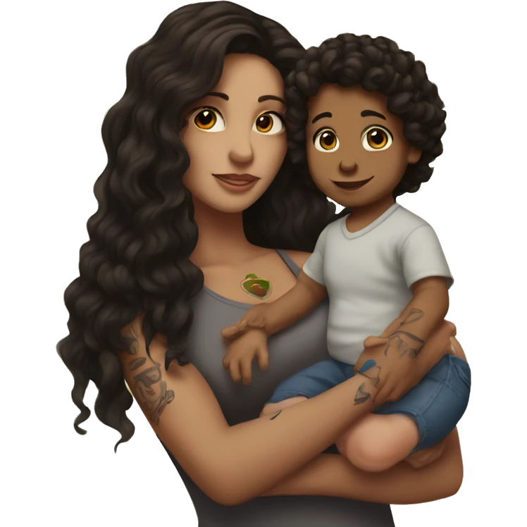  Brunette with tattoos on arm with long hair holding a baby boy with dark brown curly hair  emoji