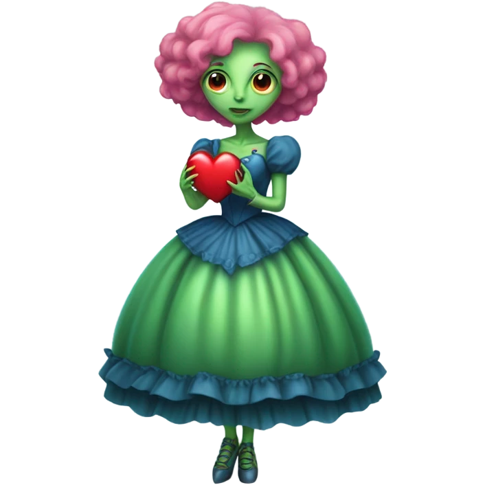 a green alien woman in Victorian blue dress, pink hair,holdig, red big hearth, full body emoji