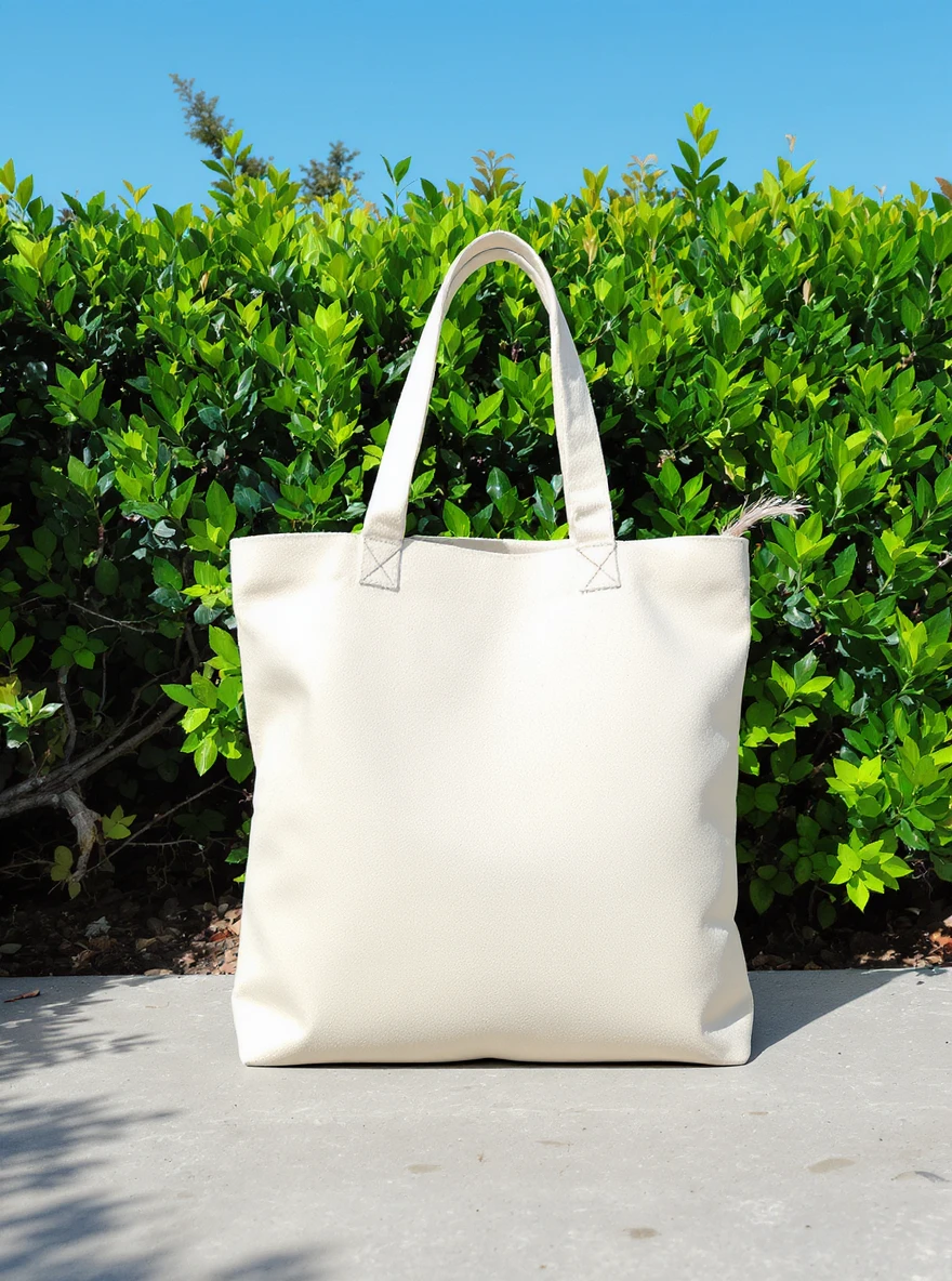 High-resolution mockup of a minimalist canvas tote bag, placed perfectly centered on the canvas. The tote bag is made of natural cotton fabric, light beige color, with a simple and elegant look. Background features a deep green organic bush, clean blue sky above, bright daylight, emoji