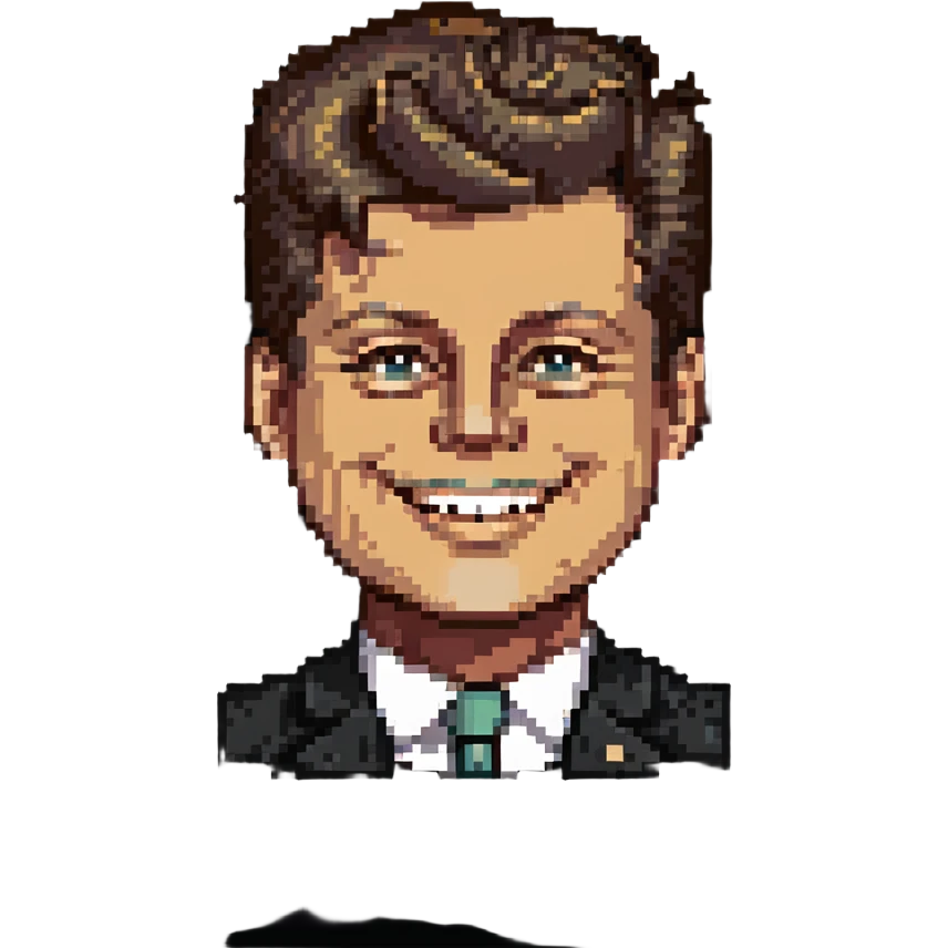 John F Kennedy with his classic hairstyle and smile emoji