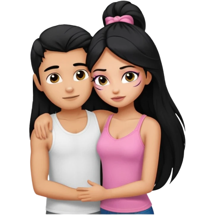 generate a pretty tan bratz boy wearing a white tshirt. Hugging a fair girl with long black hair, eyeliner, wearing a pink cami.  emoji