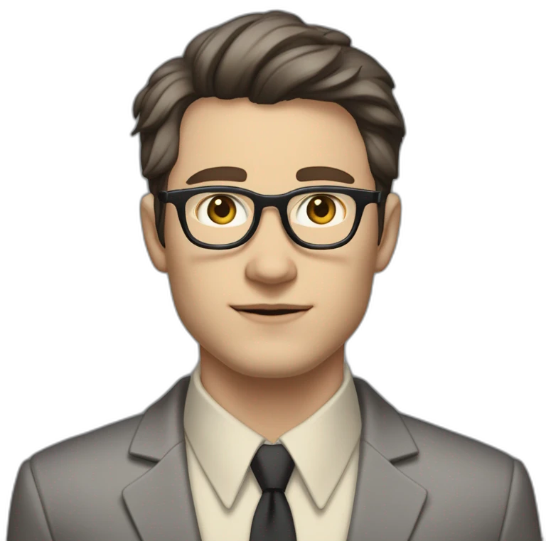 Full height Pale skinned Fit Man With dark brown hair in classic gray suit, beige office shirt, dark gray tie, and vintage glasses. Thrumbs of his palms directed up emoji