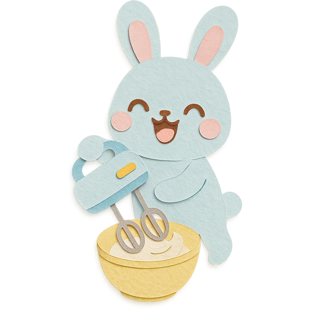 kawaii hand mixer rabbit spinning cream, joyful expression, soft pastel blue, full-body emoji