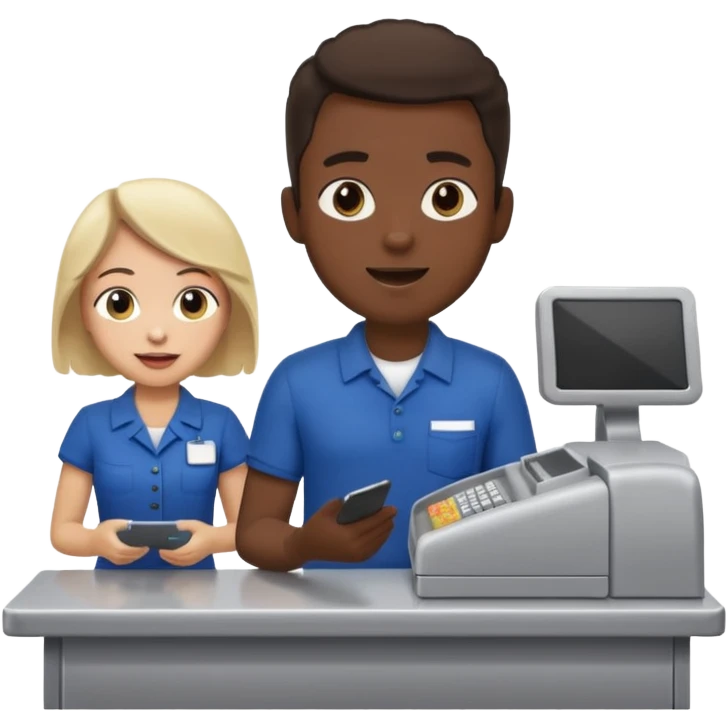 Supermarket employee at a cash register, full body, serving a man surprised emoji