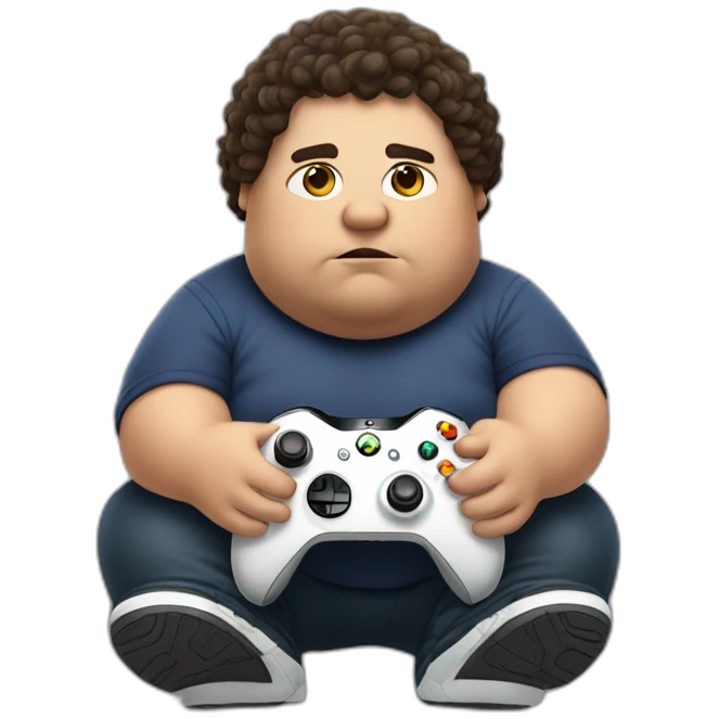 Fat lad with dark brown curly hair playing Xbox emoji
