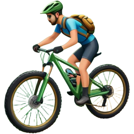 An icon showing a mountain bike with thick tires on a forest trail, surrounded by trees and natural terrain. The background features a lush green forest with sunlight filtering through the branches, and a winding path ahead. Transparent background highlights the  adventure of mountain biking. emoji