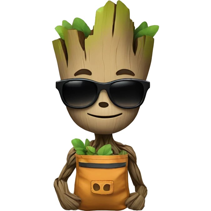 Groot with a sun glasses and a bag emoji
